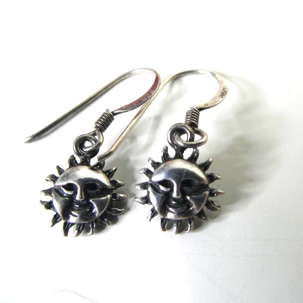 Sterling Silver Sun Face Dangle Fishhook Earrings… - image 1
